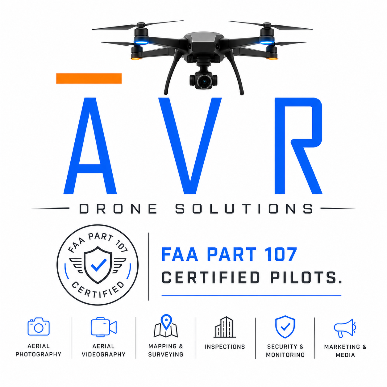 AVR Drone Services brand graphic featuring a professional camera drone